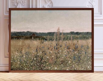 Vintage Wildflower Field Art Print: Rustic Farmhouse Wall Decor