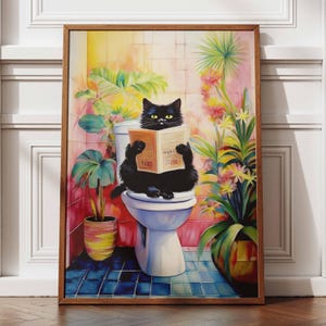Decorazione da parete divertente per il bagno, stampa da parete con immagine di cacca sul water, stampa di un gatto in bagno, poster divertenti con gattini, poster carino con un gatto sul water, decorazione da parete per il bagno