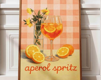 Aperol Spritz Cocktail Print: Retro Checkered Bar Cart Art