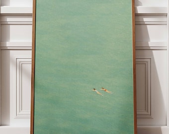 Green Abstract Swimming Art Print, Minimalist Wall Art, Two Swimmers Painting, Textured Modern Decor