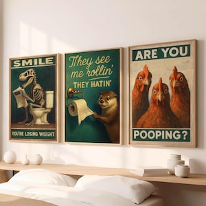 Set di stampe artistiche divertenti da parete per il bagno, animali in stile vintage sul water, decorazioni umoristiche per il water, decorazioni da parete divertenti, frasi umoristiche stravaganti per il bagno