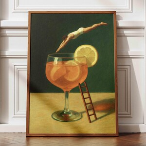 Aperol Spritz Art Print, Surreal Cocktail Wall Art with Diver, Funny Bar Cart Decor, Retro Drink Poster, Whimsical Kitchen Print