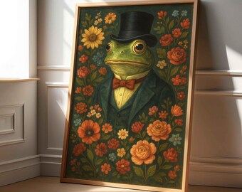 Frog in Top Hat Art Print: Victorian Floral Portrait
