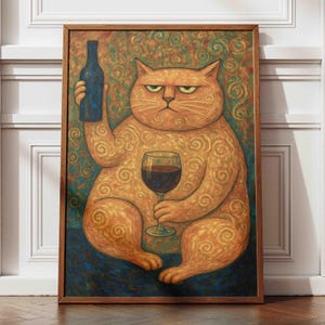 Fat Cat wijnposter, barwagen decor, retro keuken muurkunst, moderne kat print uit het midden van de eeuw, proost eetkamer kunst, cadeau wijnliefhebber