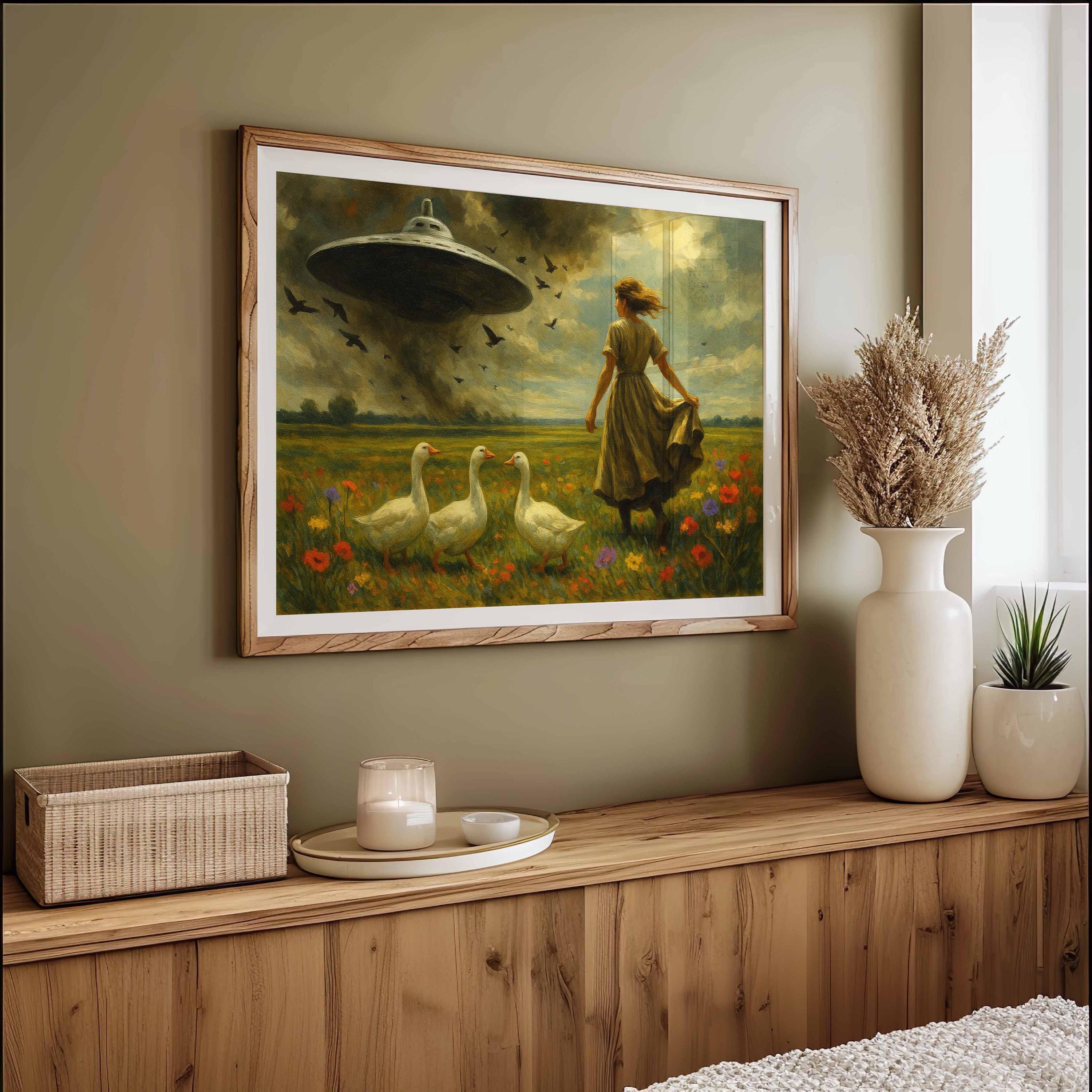 Godont UFO & Viktorianische Landschaft Poster – Psychedelisches Alien-Entführungs-Kunstwerk 40,6 X 61 Cm