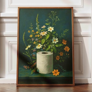 Arte su rotolo di carta igienica, decorazione da bagno verde scuro, stampa murale floreale, dipinto di fiori vintage, poster botanico in stile cottagecore