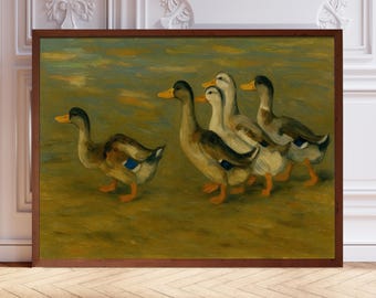 Vintage olieverfschilderij eend: muurkunst boerderij kinderkamer