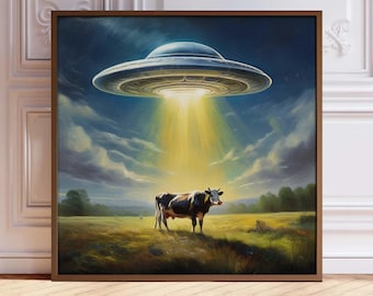 Funny Cow Abduction Art Print: Retro UFO Poster