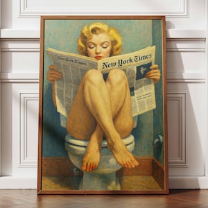 Stampa artistica da bagno di Marilyn Monroe, dipinto in stile vintage, lettura del giornale sul water, decorazione da parete per il bagno, divertente e glamour, decorazione da parete per il water