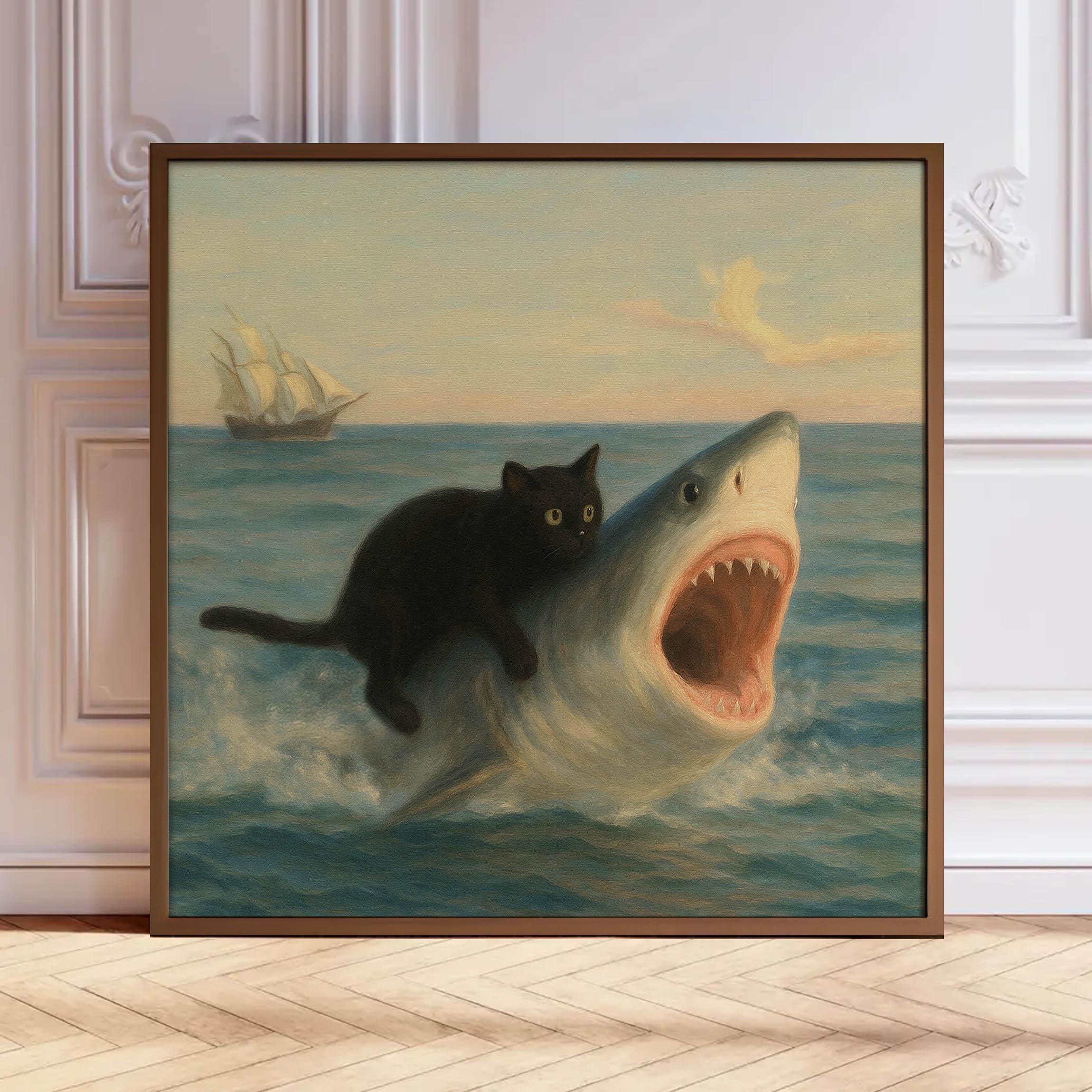 Black Cat Riding Shark Art Print: Funny Animal Poster - Etsy