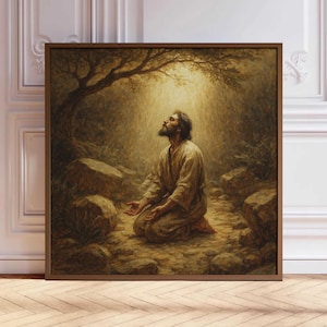 Garden of Gethsemane Jesus Square Print, Picture of Jesus Praying, Bible Art, Christian Wall Decor, Faith-Based Painting Poster