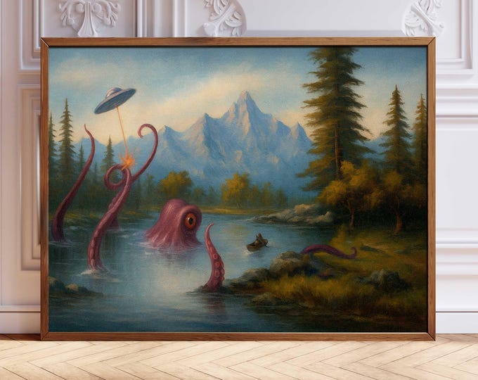 Surreal UFO Octopus Art Print: Upcycled Vintage Landscape Poster