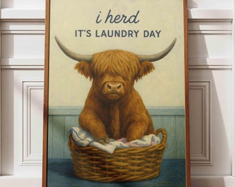 Vintage Highland Cow-tryck: Rolig djurkonst i tvättstugan