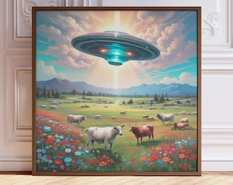Retro UFO Entführung Kunstdruck: Lustige Kuh & Alien Begegnung
