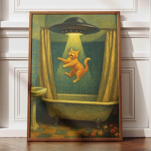 May include: Framed artwork depicts an orange cat being beamed up by a UFO above a bathtub. The cat is mid-air, with a look of surprise. The bathroom has yellow curtains, a sink, and a checkered floor. The artwork is in a wooden frame.