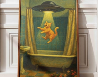Funny UFO Cat Abduction Art Print: Surreal Bathroom Alien Encounter