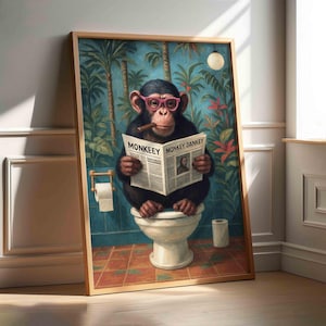 May include: A framed print shows a chimpanzee wearing pink spectacles and smoking a cigar, reading a newspaper with the headlines "MONKEEY" and "MONKEY DANKEY" while seated on a toilet. The background depicts a tropical bathroom scene.