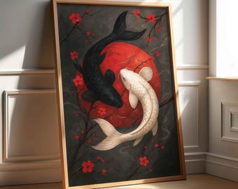 Black and White Koi Fish Print: Japanese Zen Art