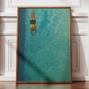 Mann schwimmt im Wasser Gemälde, Minimalistische Schwimmbad Wandkunst, kleine Leute Sommer Druck, Ocean Beach Blau Kunst, Pool Vogelaugen Ansicht