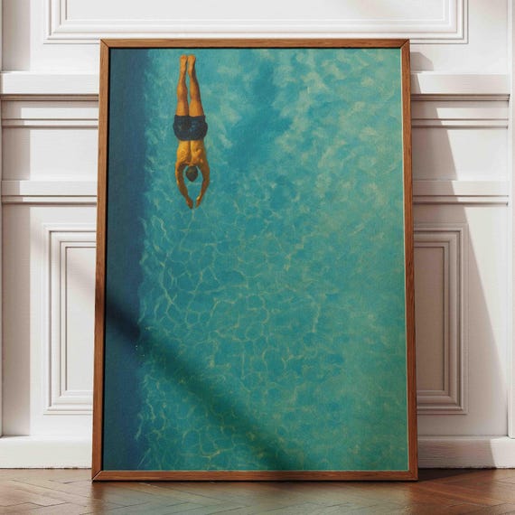 Swimming Pool Print: Minimalist Tiny People Art, Ocean Beach View