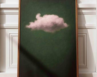 May include: A framed print of a single pink cloud against a dark green background.