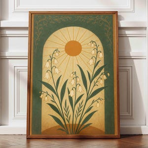 Sun Wall Art Print, Lily of the Valley, Emerald Green Mystical Boho Wall Decor, Botanical Folk Art, Taurus Zodiac Spiritual Flower Poster