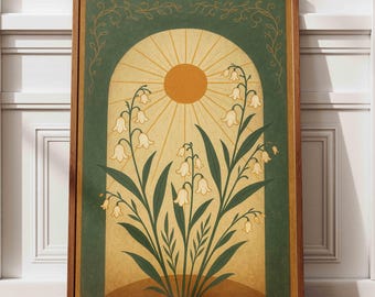 Stampa artistica da parete raffigurante il sole, mughetto, decorazione da parete mistica boho verde smeraldo, arte popolare botanica, poster con il fiore spirituale dello zodiaco del Toro