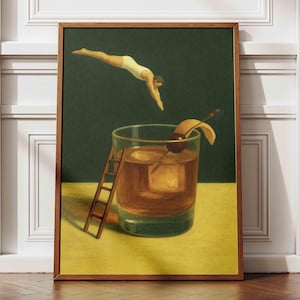 Old Fashioned Cocktail Art Print, Surreal Diver Drink Poster, Whiskey Bar Wall Decor, Retro Bar Cart Print, Classic Cocktail Artwork