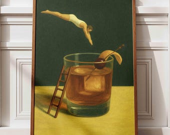 Old Fashioned Cocktail Art Print, Surreal Diver Drink Poster, Whiskey Bar Wall Decor, Retro Bar Cart Print, Classic Cocktail Artwork