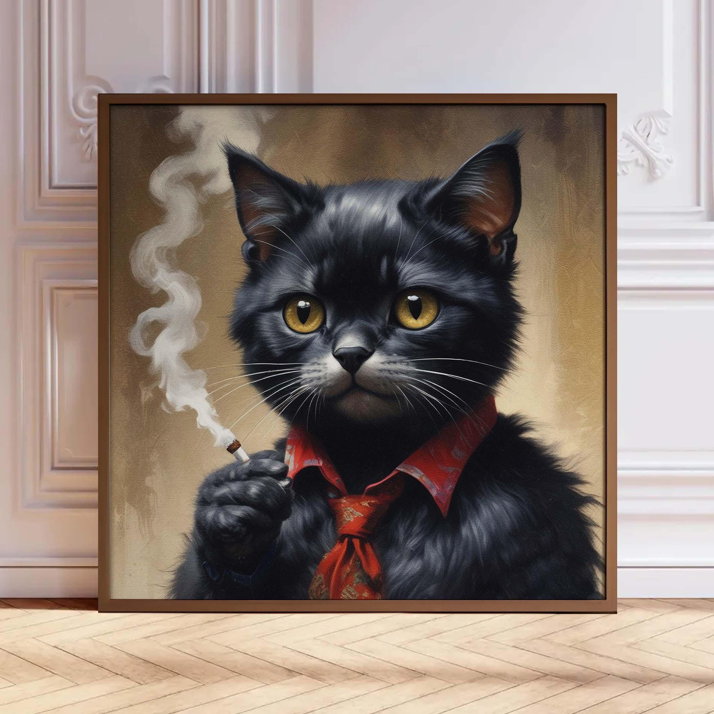 Smoking Funny Black Cat Painting, Square Retro Art Work, Vintage Funky Pictures, Whimsical Cat Art Print, Weird Cat Posters, Wall Art Decor