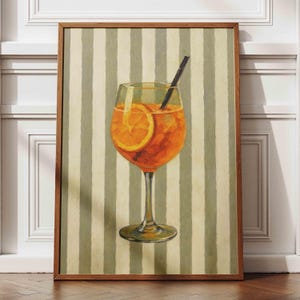 Aperol Spritz Glass Print, Retro plakat koktajlowy do kuchni lub baru, modna sztuka w paski, nowoczesna estetyczna dekoracja ścienna Happy Hour