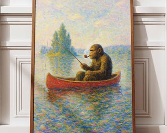 Funny Bigfoot Art Print: Sasquatch in Canoe, Rustic Cabin Decor