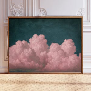 Stampa artistica con paesaggio nuvoloso, stile Art Déco senza cornice, decorazione da parete, dipinto a inchiostro classico moderno, tema paesaggio con cielo rosa, arte murale estiva