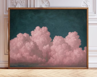 Cloudscape Art Print, Frameless Art Deco Style, Wall Hanging Decor, Modern Classic Ink Painting, Pink Sky Landscape Theme, Summer Wall Art