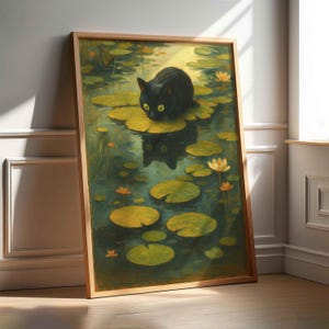 Whimsical Black Cat on Lily Pad Art Print, Dreamy Nature Inspired Cat Wall Decor, Funny Cat Wall Art, Perfect Gift for Cat Lovers