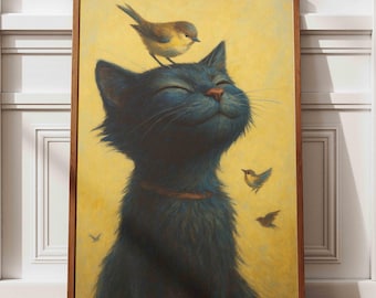 Lámina artística de gato negro: pájaros caprichosos, ilustración de animales juguetones