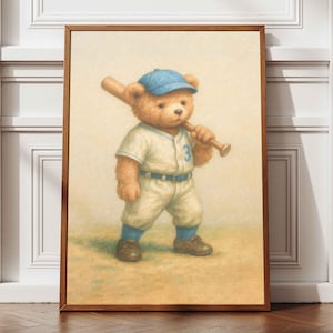 Baseball Teddy Bear Nursery Art, Vintage Sports Wall Print, Baby Shower Gift for Boy, Bear Baseball Illustration, Baseball Kids Room Decor
