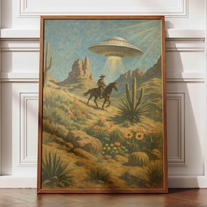 Stampa artistica da parete retrò con UFO, cowboy western, paesaggio desertico vintage con disco volante e cavaliere a cavallo, dipinto alieno, poster di fantascienza