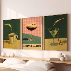 Zestaw Espresso Martini 3 Retro Prints, Sztuka Ścienna Do Koszyka Baru Koktajlowego, Minimalistyczny Plakat Do Napojów, Modny Wystrój Kuchni lub Kawiarni