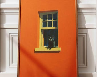 Black Cat Art Print, Orange Wall, Modern Minimalist Decor
