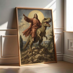 Jesus Rode A T Rex Jesus Riding T-rex Art Print: Surreal Dinosaur Painting - Etsy