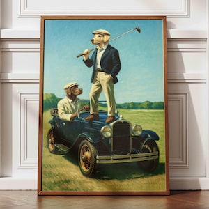 Impresión de arte de pared de golf, divertido golden retriever jugando al golf, póster de deportes caninos, decoración de golf para habitación infantil, pintura de perro retriever