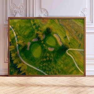 Impressão de arte de parede de golfe, vista aérea, paisagem de outono de campo de golfe, impressão vintage de campo de outono, pôster esportivo retrô para decoração de quarto infantil ou escritório