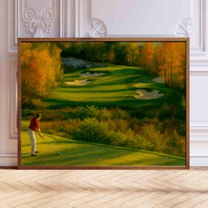 Golf Course Autumn Landscape Painting, Vintage Golf Wall Art, Fall Field Print, Retro Sports Poster for Boys Room, Girls Room, Office Decor