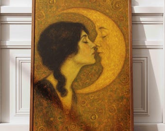 Woman Kissing Moon Art Nouveau Print, Celestial Wall Decor