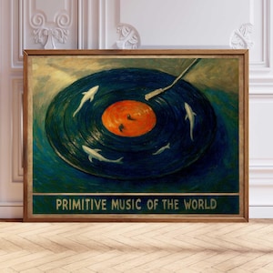 Retro Music Wall Art, Vintage Vinyl Record Print, Music Lover Gift, Primitive Music of the World Print, Oil Painting Style Decor