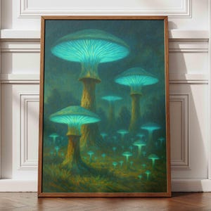 Glowing Mushroom Forest Art Print | Fantasy Bioluminescent Wall Decor | Surreal Psychedelic Nature Poster | Cottagecore Room Art