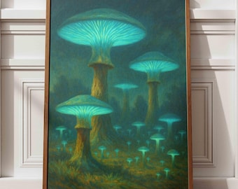 Grafika bioluminescencyjna z leśnymi grzybami: surrealistyczna dekoracja ścienna Cottagecore
