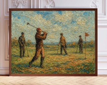May include: A painting of four golfers on a green golf course. The golfer in the foreground is swinging a golf club. The sky is blue with white clouds. The painting is done in a style reminiscent of impressionism.