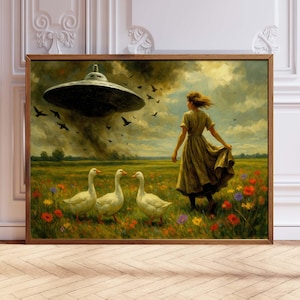UFO Victorian Landscape Print, Funny Eclectic Vintage Art, Alien Abduction Wall Decor, Weird Surreal Classical Painting, Unusual Art Poster